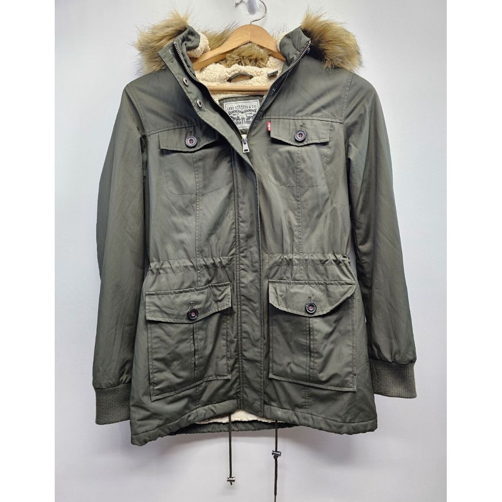 Levi's Womens Green Utility Jacket Sherpa Lined Coat Faux Fur Hood Small